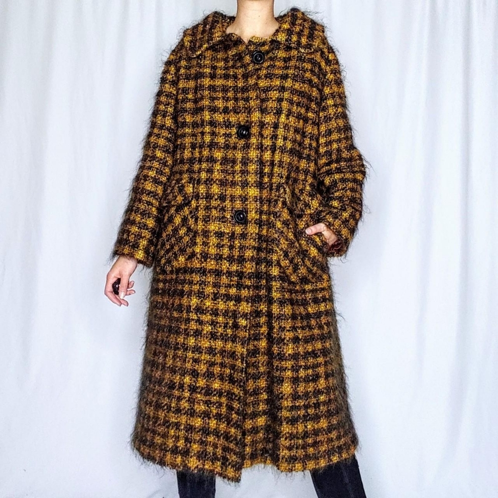 Vintage Brown & Mustard Plaid Wool Pea Coat - Picture 2 of 8